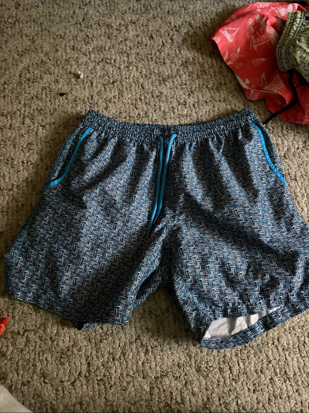 Mr.Swim Blue Patterned Athletic Swim Shorts with Aqua Trim